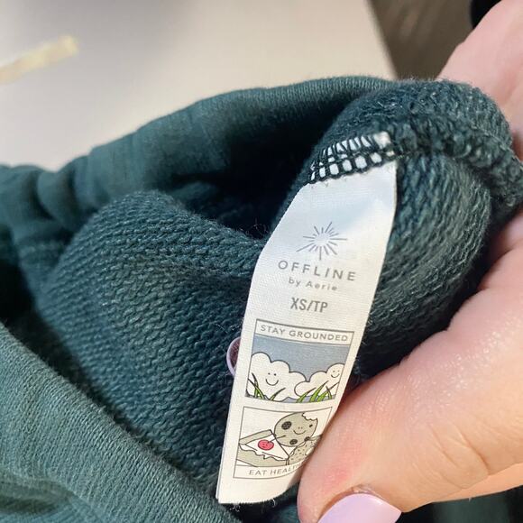 Aerie Offline Cropped Distressed Sweatshirt Dark Green Terry Cloth Fabric Sz XS - Picture 10 of 15